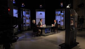 G. Wayne Miller, Jim Ludes speak with Anthony Leiserowitz on set of "Story in the Public Square"