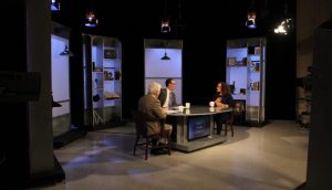 Tricia Rose sit with Jim Ludes and G. Wayne Miller on set of "Story in the Public Square"