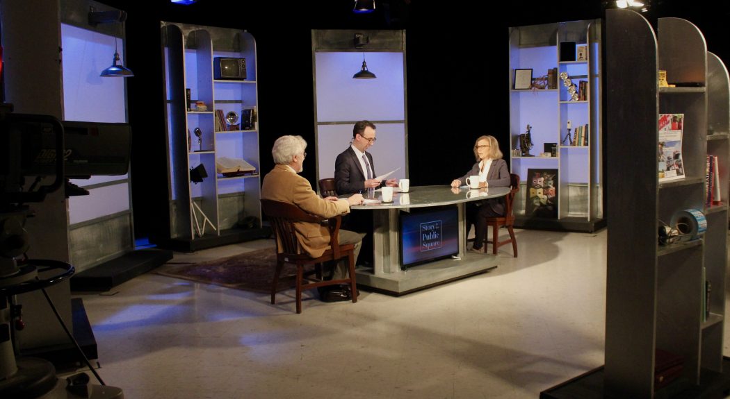 G. Wayne Miller and Jim Ludes interview Karen Tramontano on set of "Story in the Public Square"