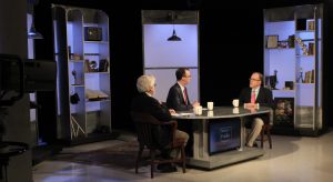 John Aloysius Farrell sits with Jim Ludes and g. Wayne Miller on set of "Story in the Public Square"