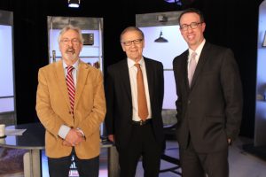 G. Wayne Miller and Jim Ludes pose with Thomas Patterson on set of "Story in the Public Square"