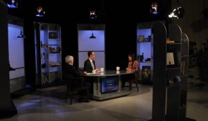 Jim Ludes, G. Wayne Miller interview Daphne Matziaraki on set of "Story in the Public Square"