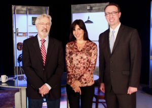 G. Wayne Miller and Jim Ludes pose with "Story in the Public Square" guest Daphne Matziaraki