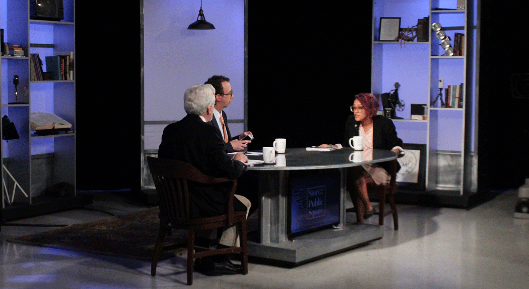 Eve L. Ewing sits on set at "Story in the Public Square,"