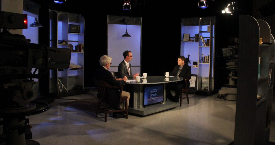 Daniel Drezner joins Jim Ludes and G. Wayne Miller on set of "Story in the Public Square"