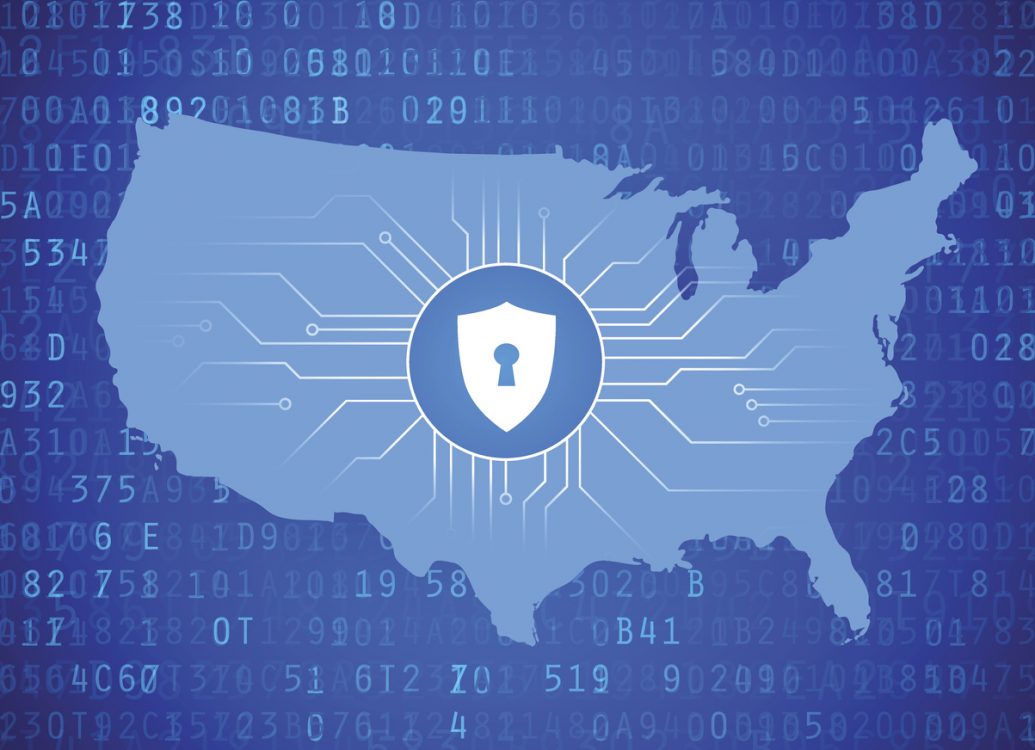 Map of the United States with large lock in the center to represent cyber security