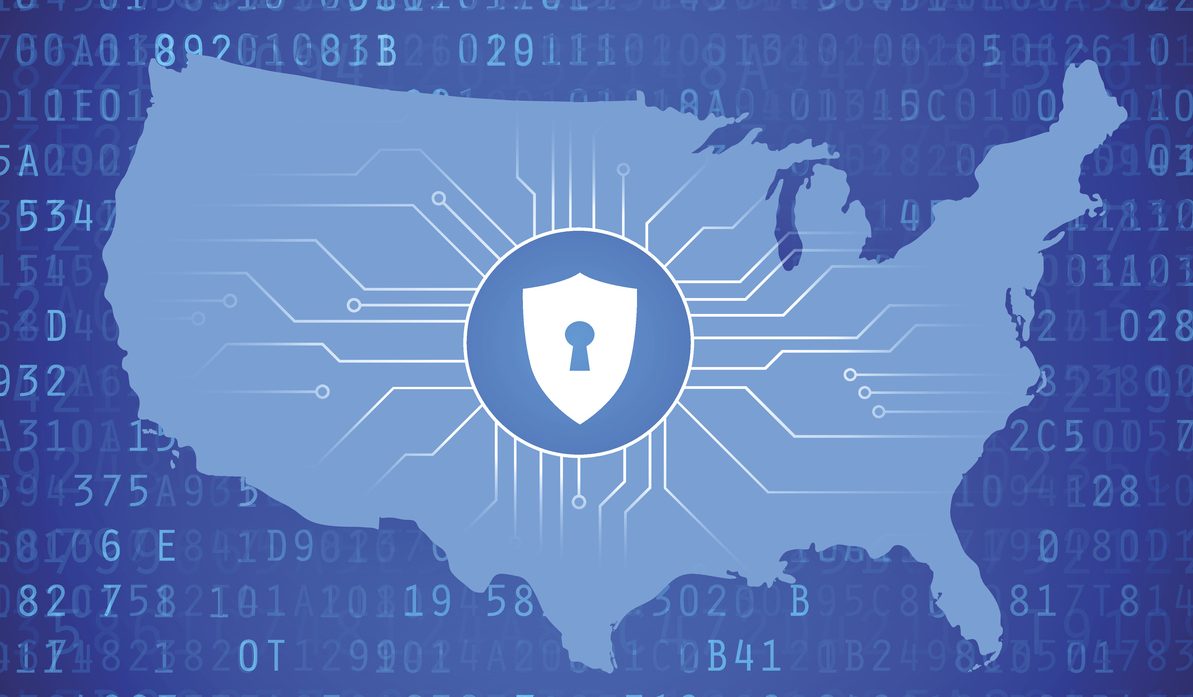 Map of the United States with large lock in the center to represent cyber security