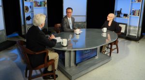 Sunshine Menezes on set at "Story in the Public Square" with hosts Jim Ludes and G. Wayne Miller